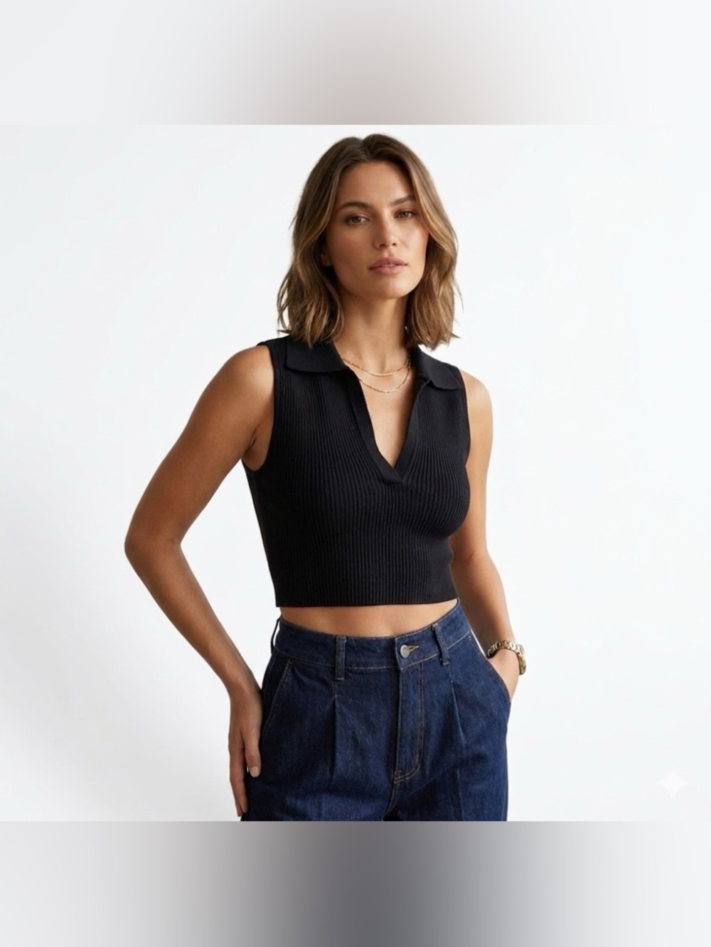 House Of Harlow Women Sz Large Black Ribbed Top Collared V-Neck Office Staple